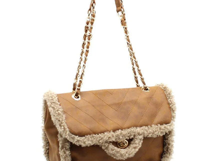 Tan quilted leather handbag with shearling trim and chain strap, luxury designer accessory