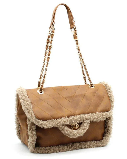 Tan quilted leather handbag with shearling trim and chain strap, luxury designer accessory