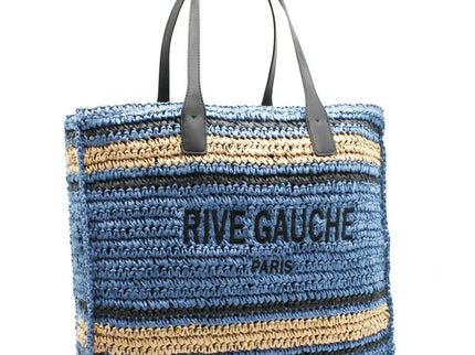 Blue and beige striped woven tote bag with 'RIVE GAUCHE PARIS' text and black leather handles