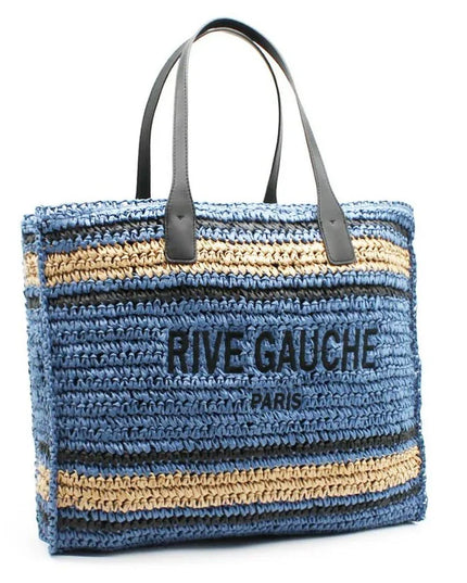 Blue and beige striped woven tote bag with 'RIVE GAUCHE PARIS' text and black leather handles