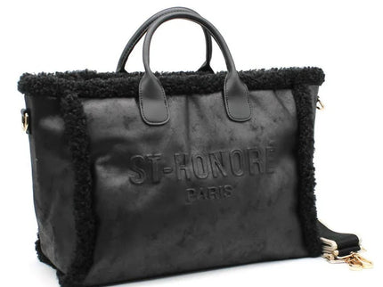 Black leather tote bag with shearling trim and ST-HONORÉ PARIS embossing, luxury designer handbag