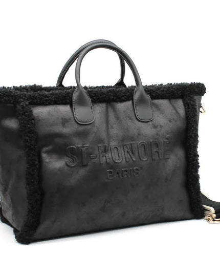 Black leather tote bag with shearling trim and ST-HONORÉ PARIS embossing, luxury designer handbag