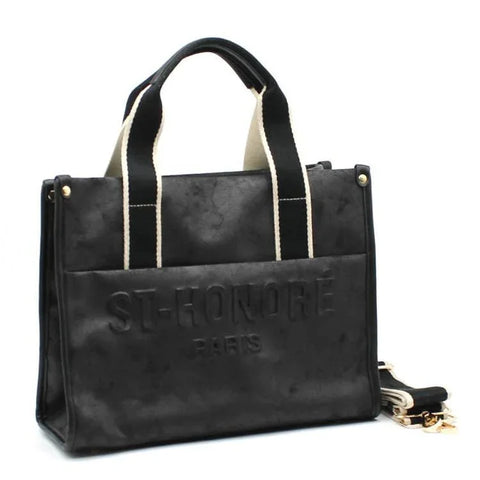 Black leather tote bag with 'ST-HONORÉ PARIS' embossing, gold hardware, and contrast straps