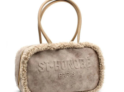Beige suede handbag with shearling trim and ST-HONORÉ PARIS embossing, luxury designer accessory