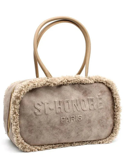 Beige suede handbag with shearling trim and ST-HONORÉ PARIS embossing, luxury designer accessory