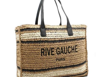 Rive Gauche Paris woven straw tote bag with black leather handles, luxury designer accessory