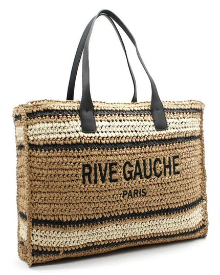 Rive Gauche Paris woven straw tote bag with black leather handles, luxury designer accessory