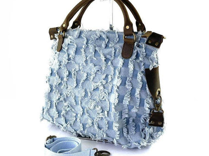 Light blue frayed denim tote bag with brown leather handles and detachable strap, luxury designer accessory