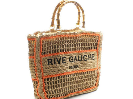 Rive Gauche Paris woven straw tote with bamboo handles, orange trim, luxury designer accessory