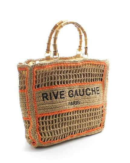 Rive Gauche Paris woven straw tote with bamboo handles, orange trim, luxury designer accessory