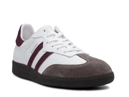 White and burgundy suede sneaker with 'London' text, classic retro design, premium craftsmanship
