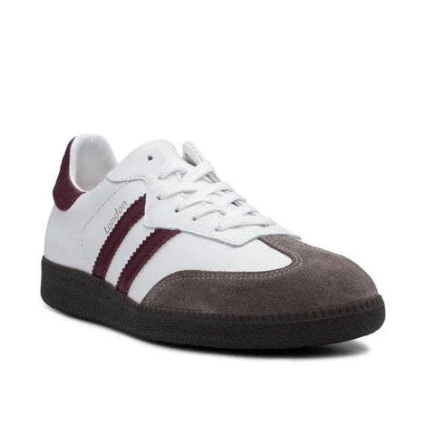 White and burgundy suede sneaker with 'London' text, classic retro design, premium craftsmanship