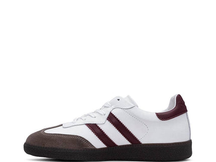 White sneaker with burgundy stripes and brown suede toe, classic retro design