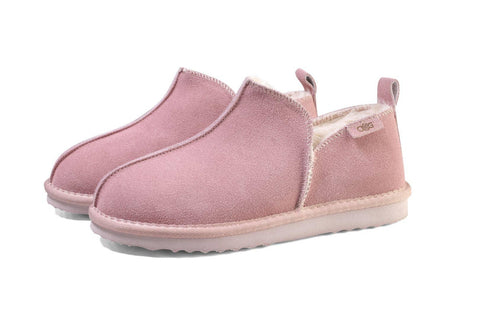Pink suede slip-on slippers with cozy shearling lining, soft sole for indoor comfort