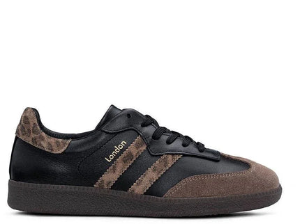 Black and brown leather sneaker with leopard print stripes and 'London' text, luxury designer footwear