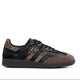 Black and brown leather sneaker with leopard print stripes and 'London' text, luxury designer footwear