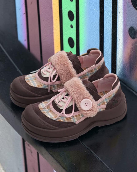 Plaid Strap-on Lace-Up Sneakers