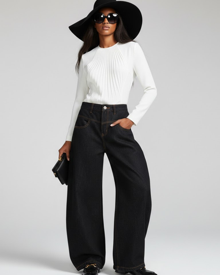 💟 Black Wide-Leg Denim Jeans | Ochre Contrast Stitching