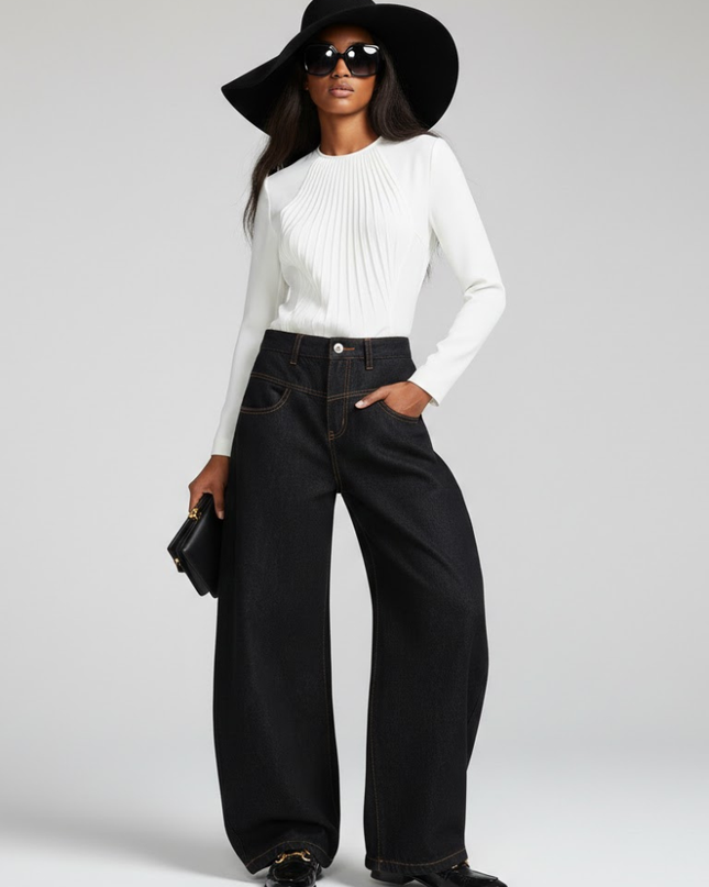 Black Wide-Leg Denim Jeans | Ochre Contrast Stitching