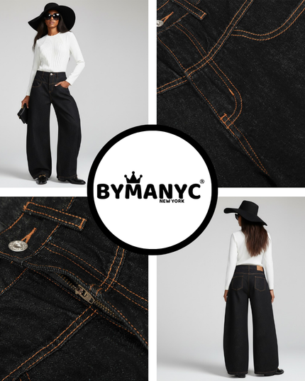 💟 Black Wide-Leg Denim Jeans | Ochre Contrast Stitching