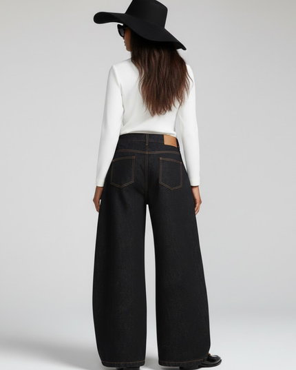 💟 Black Wide-Leg Denim Jeans | Ochre Contrast Stitching
