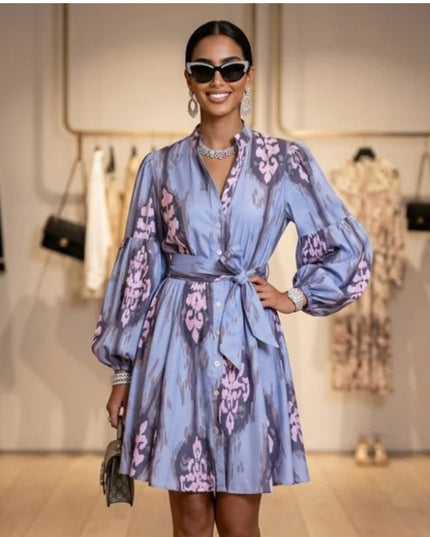Blaues Ikat-Print Ballonärmel Mini-Kleid NOLITA – Neue Kollektion