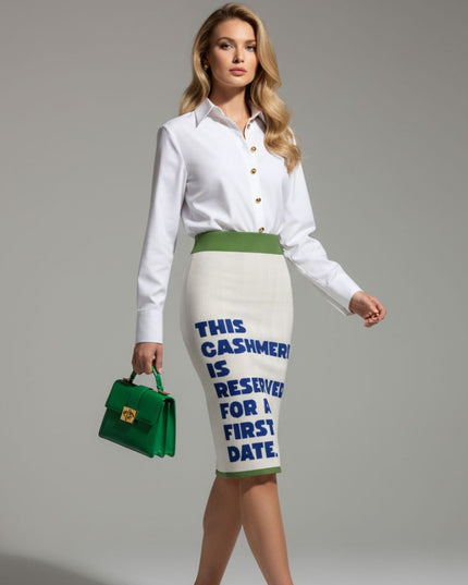 BYMANYC ® New York | CENTRAL PARK CASHMERE-Bleistiftrock | Off-White/Limettengrün