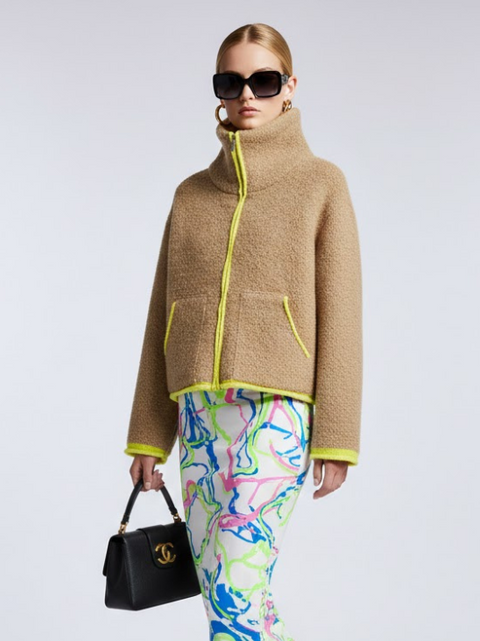 Camel Bouclé Knit Jacket with Neon Trims and Funnel Neck • BYMANYC ® New York-1