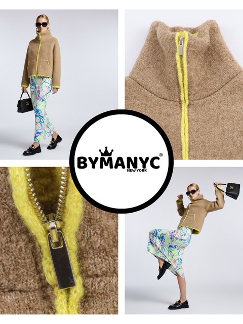 Camel Bouclé Knit Jacket with Neon Trims and Funnel Neck • BYMANYC ® New York-2