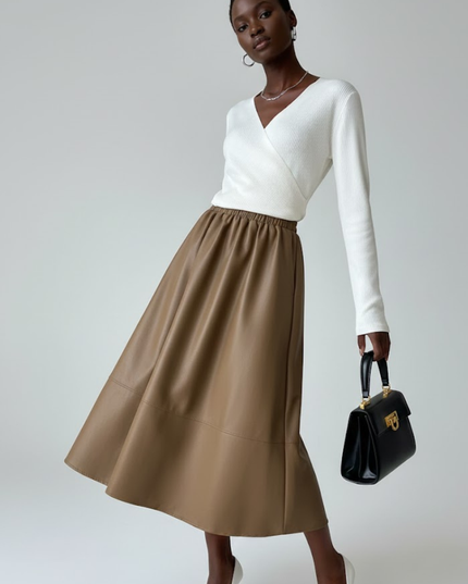 💟 LAFAYETTE Vegan Leather Midi Rock | Camel/Coffee | COUTURE in NOLITA
