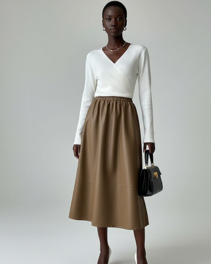 💟 LAFAYETTE Vegan Leather Midi Rock | Camel/Coffee | COUTURE in NOLITA