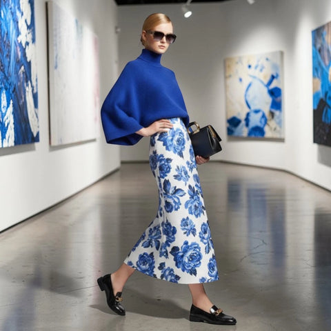 Elektrisch Blauer Strickpullover Relaxed Fit mit Perkins-Kragen • BYMANYC ® New York