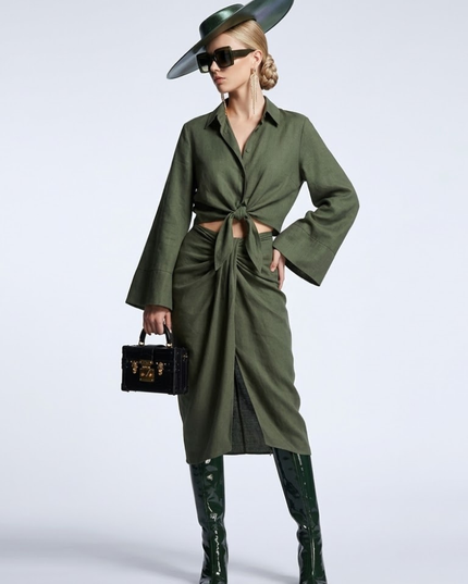 👗 GREENWICH Damen Tie-Blouse & Skirt Set | Forest Green | Prêt-à-Porter