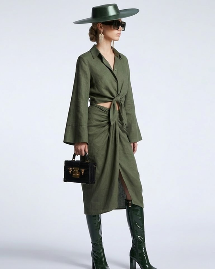 👗 GREENWICH Damen Tie-Blouse & Skirt Set | Forest Green | Prêt-à-Porter