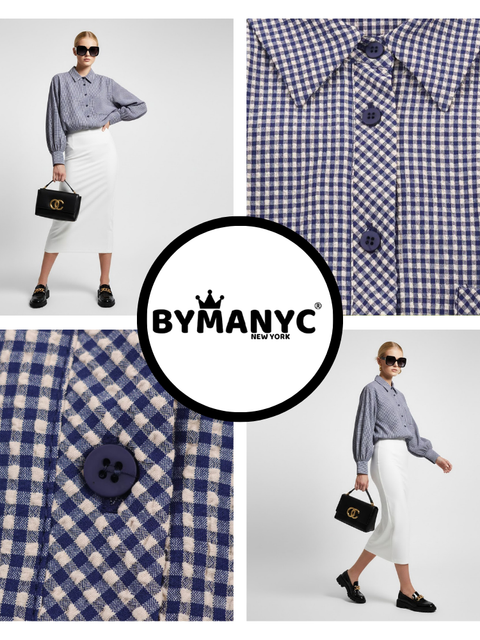 Gingham Check Shirt with Elastic Hem and Puff Sleeves • BYMANYC ® New York-2