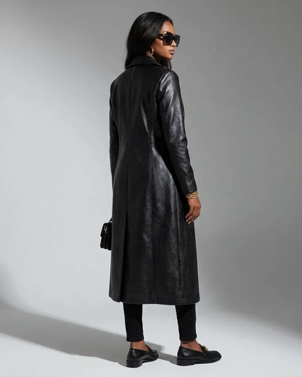 Women's Long Vegan Leather Trench Coat BLACK FINANCIAL COUTURE BYMANYC ® New York 