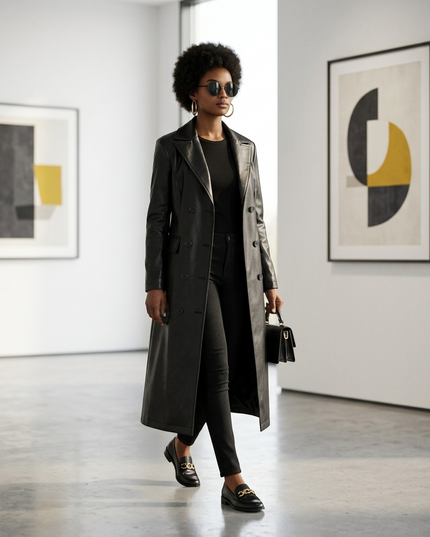 Women's Long Vegan Leather Trench Coat BLACK FINANCIAL COUTURE BYMANYC ® New York 