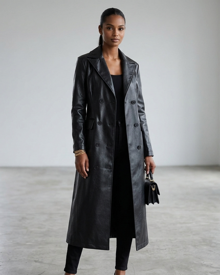 Women's Long Vegan Leather Trench Coat BLACK FINANCIAL COUTURE BYMANYC ® New York 