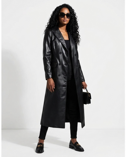 Women's Long Vegan Leather Trench Coat BLACK FINANCIAL COUTURE BYMANYC ® New York 