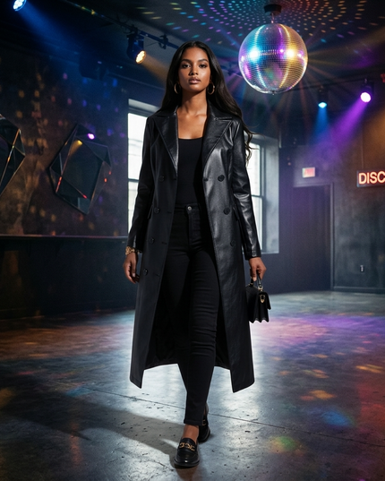 Women's Long Vegan Leather Trench Coat BLACK FINANCIAL COUTURE BYMANYC ® New York 