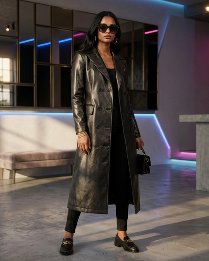 Women's Long Vegan Leather Trench Coat BLACK FINANCIAL COUTURE BYMANYC ® New York 