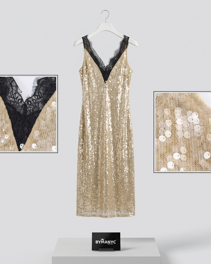 Midi-Kleid Neue Kollektion • Champagner-Gold-Pailletten & Spitze