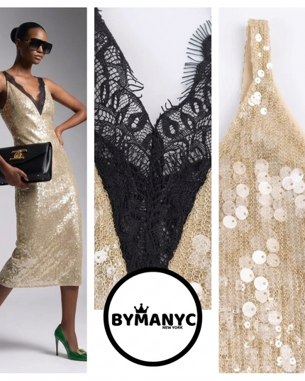 Midi-Kleid Neue Kollektion • Champagner-Gold-Pailletten & Spitze