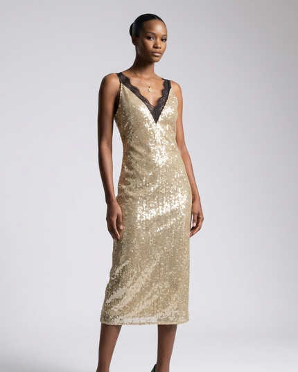 Midi-Kleid Neue Kollektion • Champagner-Gold-Pailletten & Spitze