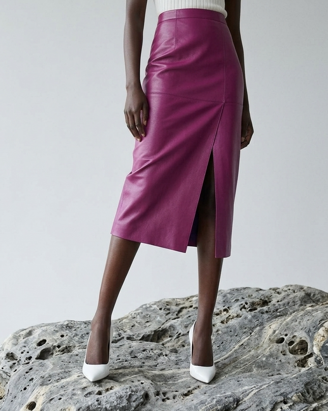 💟 BLEECKER Vegan Leather Midi Pencil Rock | Purple Pink | COUTURE in NOLITA