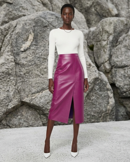 💟 BLEECKER Vegan Leather Midi Pencil Rock | Purple Pink | COUTURE in NOLITA