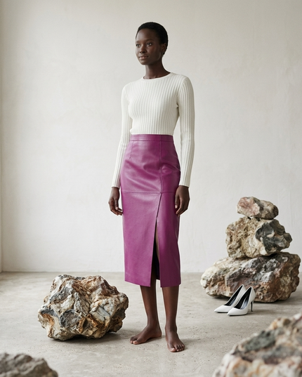 💟 BLEECKER Vegan Leather Midi Pencil Rock | Purple Pink | COUTURE in NOLITA