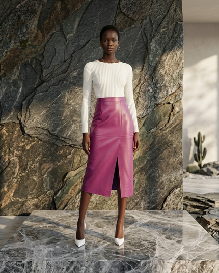 💟 BLEECKER Vegan Leather Midi Pencil Rock | Purple Pink | COUTURE in NOLITA
