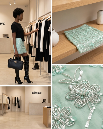 💟 Tweed Mini Rock | Bestickte Rosen & Kristalle | Light Green