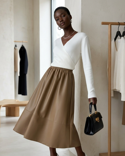 💟 LAFAYETTE Vegan Leather Midi Rock | Camel/Coffee | COUTURE in NOLITA